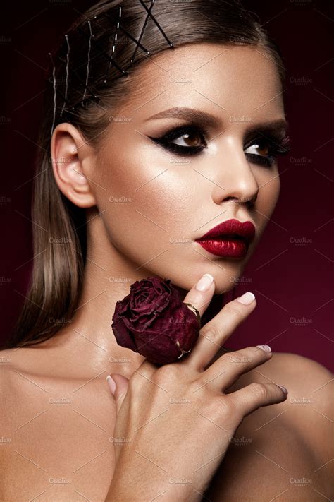 Red Lips And Smoky Eyes Make Up Glamour Lady Portrait Featuring Beautiful High Quality Beauty