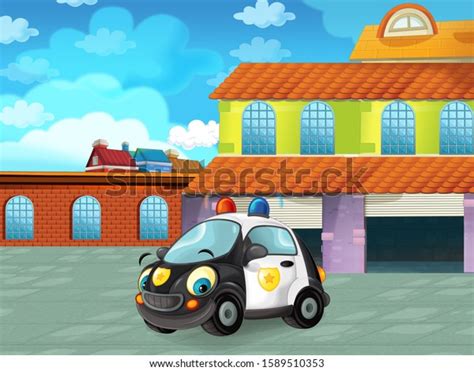 Cartoon Police Car Driving Through City Stock Illustration 1589510353