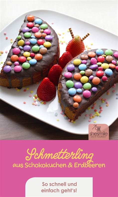 Einfaches smarties kuchen für kindergeburtstag. Ein Schokokuchen-Schmetterling mit Smarties und Erdbeeren ...