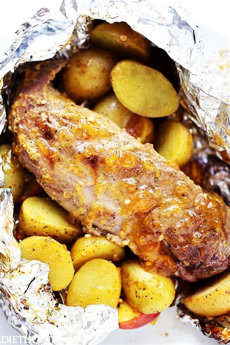 I just stick a thermometer through the foil to keep the moisture inches let it rest for 10 minutes or so before serving. Grilled Peach-Glazed Pork Tenderloin Foil Packet with Potatoes - Diethood