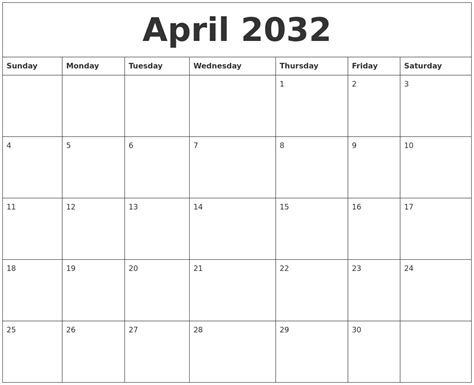 April 2032 Printable Calendar Pages