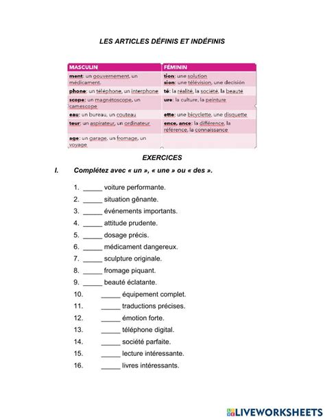 Les Articles Definis Et Indéfinis Online Exercise Live Worksheets