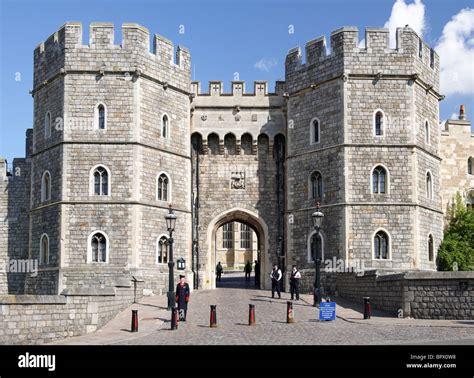 View Of Windsor Castle Entrance With Guard Standing Outside Stock Photo