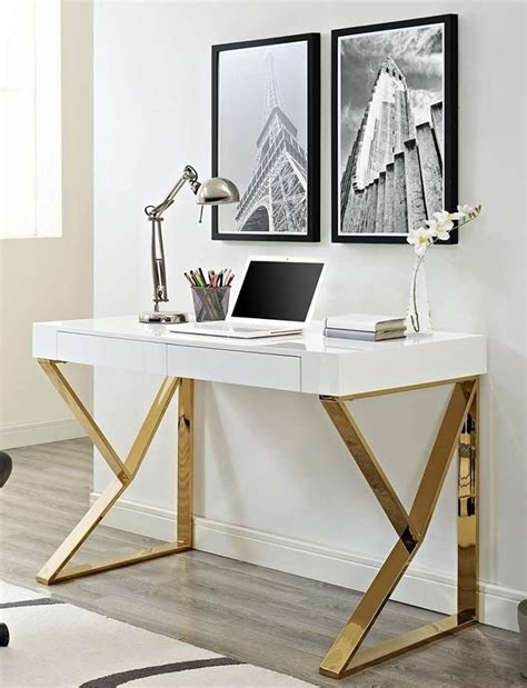 Modern Office Desk With Metallic Legs In White Gold
