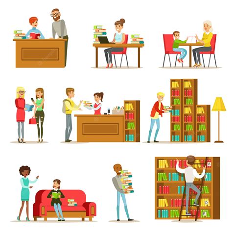 Premium Vector People Talking And Reading Books In Library Set Of