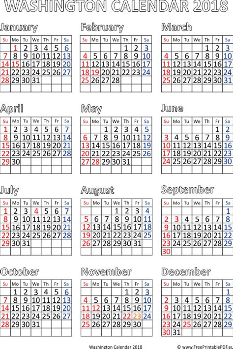 Washington 2018 Calendar Pdf Free Printable Pdf