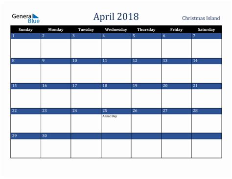 April 2018 Calendar With Christmas Island Holidays
