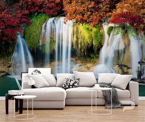 Colorful Forest Waterfall Wall Mural Autumn Wallpaper Large Etsy