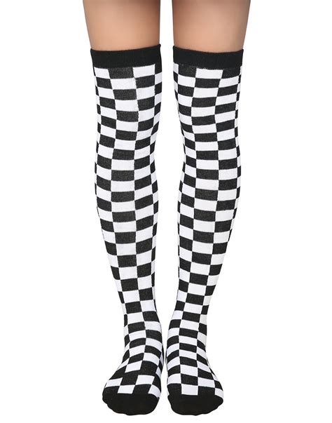 Hde Hde Womens Checkered Socks Extra Long Over The Knee High Checkered Board Stockings Black