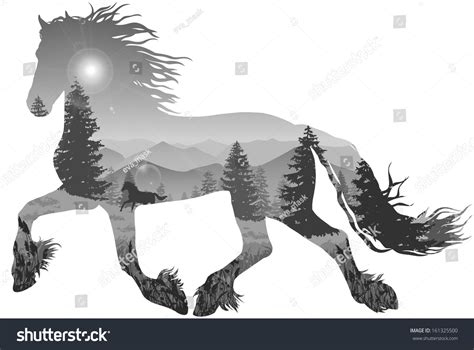 Silhouette Of A Running Horse Inside The Mountain