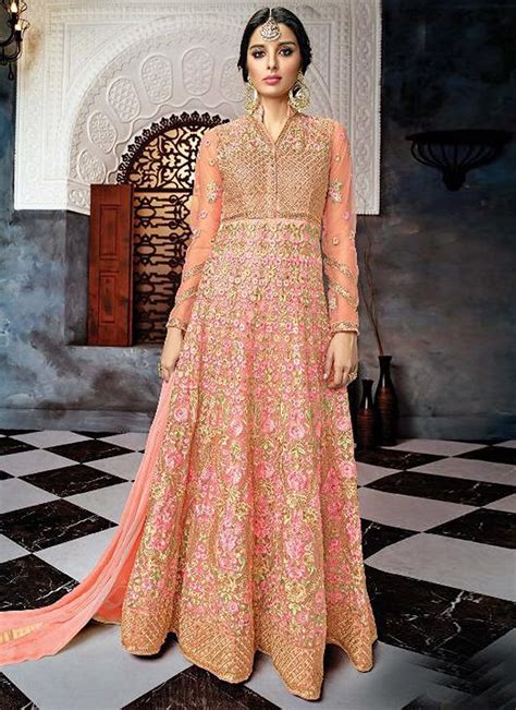 Net Peach Embroidered Wedding Anarkali Suit Bridal Anarkali Suits Anarkali Gown Anarkali Suits