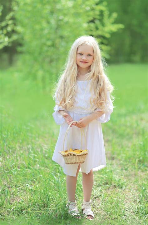 Spring Portrait Of Cute Little Girl In White Dress Stock Photo Image