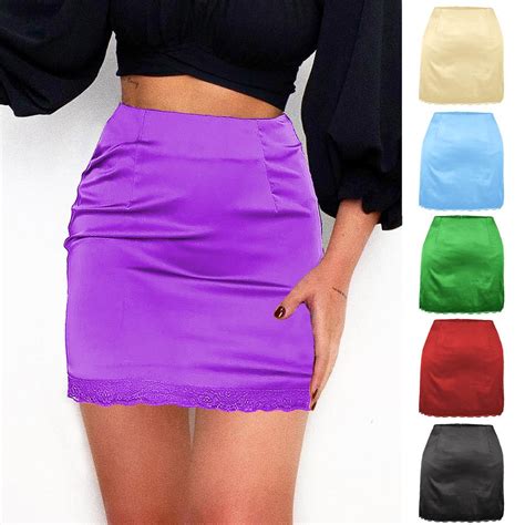 Buy Fashion Women S Casual Solid Color High Waist Stretch Satin Lace Sexy Short Skirt At