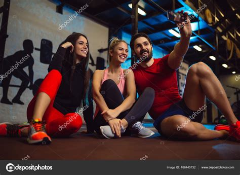 Friends Having Fun Gym Making Selfie Photo Stock Photo By ©nebojsaki