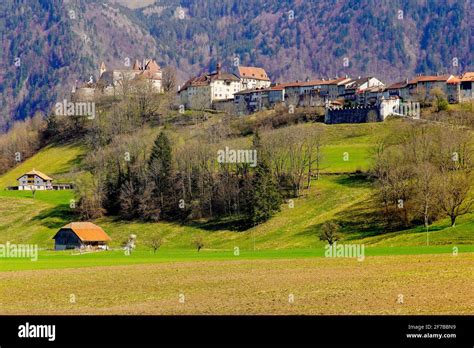 Panoramic View Of Medieval Town Of Gruyères In Alpine Landscape Canton