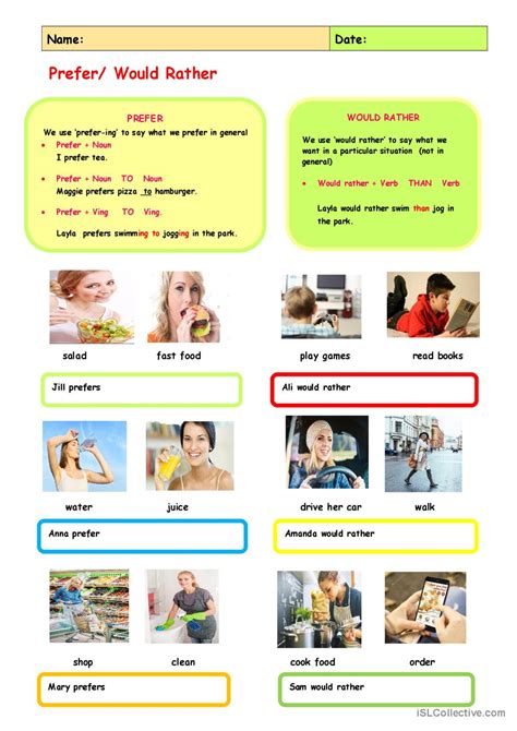Prefer And Would Rather General Gramma English Esl Worksheets Pdf And Doc