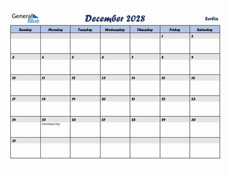 December 2028 Calendar With Serbia Holidays