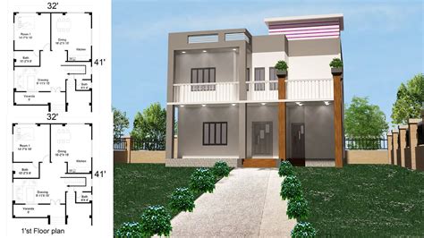 2 Story House Design With Floor Plan 32x41 4 Bedroom House Plans