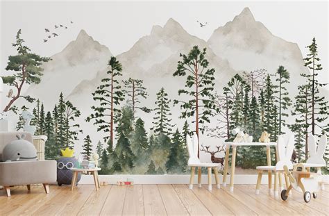 Forest Wall Mural Removable Wallpaper Pine Tree Woodland Etsy
