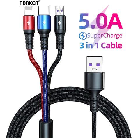 5A Fast Charge Cable 3 In 1 Micro Usb Type C Lightning Quick Multi Port
