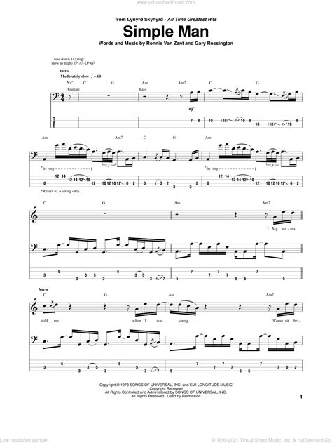Every digital print lead sheet in our collection includes the music, lyrics and piano/guitar chords. Skynyrd - Simple Man sheet music for bass (tablature) (bass guitar)