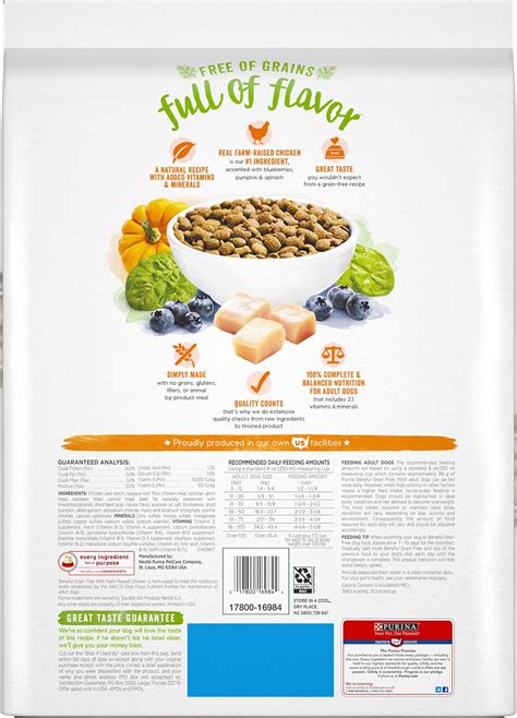 The dashboard displays a dry matter protein reading of 31%, a fat level of 18% and estimated carbohydrates of about 43%. Purina Beneful Grain Free with Real Farm-Raised Chicken ...
