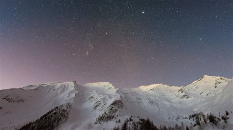 Mountain Covered Snow Under Star Background Wallpaper Computer