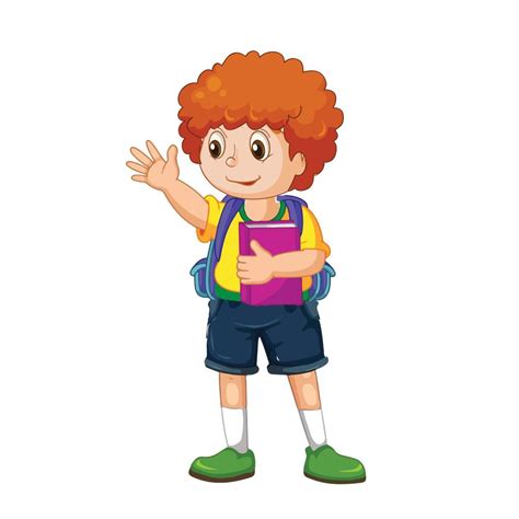 Cute Cartoon Boy Going To School With Her Backpack In White Background