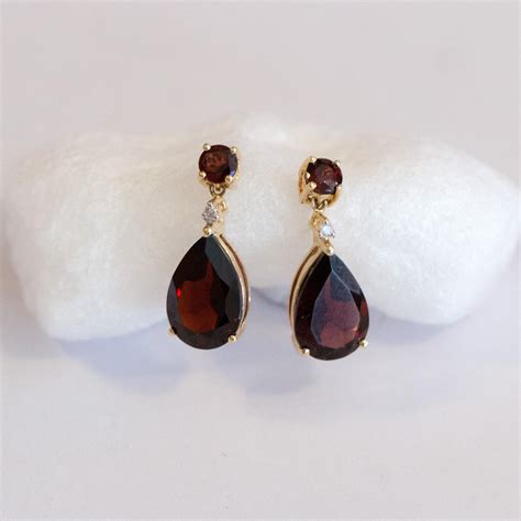 14k Yellow Gold Garnet And Diamond Earrings From Anntiquesandfinejewelry