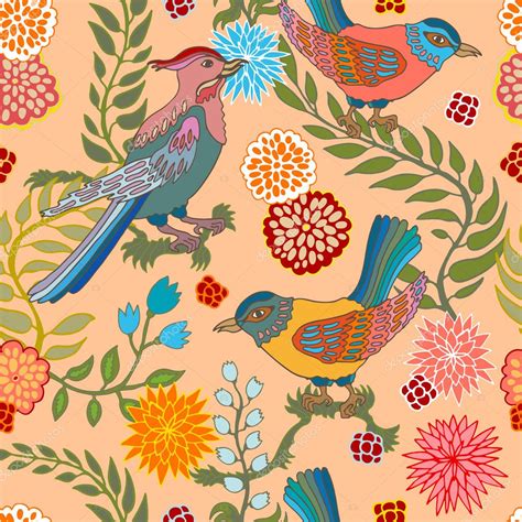 Paradise garden. Silk scarf pattern with cherry flowers and fantasy