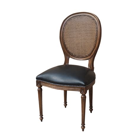 Antique rush ladder back wood accent dining wooden chairs. Louis XVI French dining chair oval back with black leather