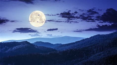 Mountain Landscape Under Dark Sky With Full Moon During Nighttime K Hd