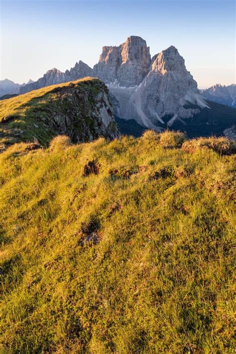 Panoramic Image Of Italian Dolomites With Famous Peaks And Chalets