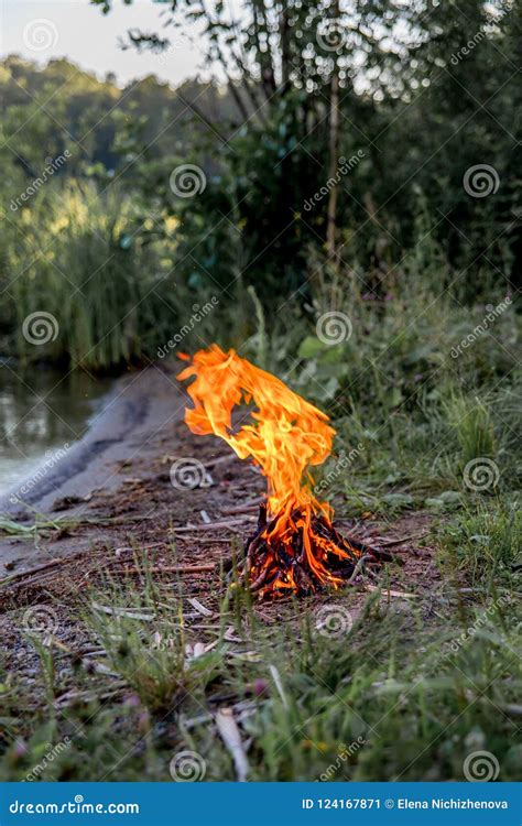 Beautiful Campfire In The Evening At Lake Fire Burning In Dusk At
