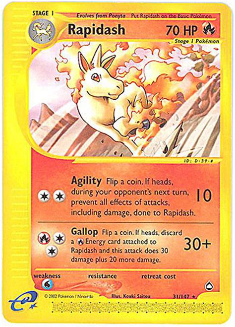 We stock everything you need to build a great pokemon deck or just to collect your favorite cards. Pokemon Card - Aquapolis 31/147 - RAPIDASH (rare): Sell2BBNovelties.com: Sell TY Beanie Babies ...