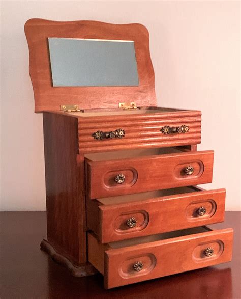 Vintage Solid Wood Small Jewelry Cabinet Hinged Top With Mirror