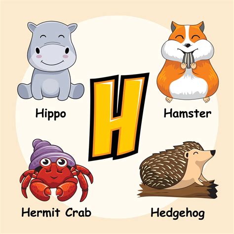 Animals Alphabet Letter H For Hedgehog Hamster Hippo Hermit Crab