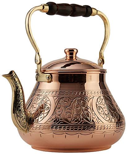 Demmex Handmade Heavy Gauge 1mm Thick Natural Turkish Copper Engraved Tea Pot Kettle Stovetop