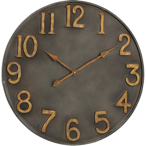 Industrial Modern Wall Clock Pewter Grey Metal Antique Gold Numerals