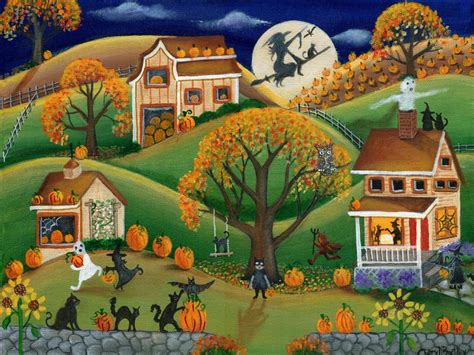 Halloween Folk Art Painting Autumn Harvest Pumpkin Fun Sold Halloween