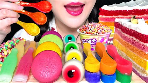 Asmr Rainbow Edible Spoons Cake Macaron Eyeballs Gummy Mukbang 눈알젤리 먹는