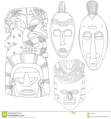 Set Of Tribal Masks Line Art Hand Drawn African Mayan Ceremonial Mask