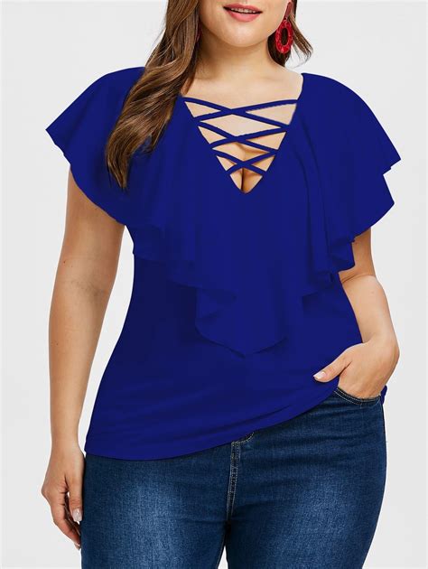 Maybe you would like to learn more about one of these? Criss Cross Plus Size Ruffle Insert T-shirt - Denim Dark ...