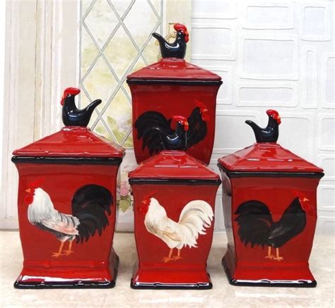 New Tuscany Roamer Rooster Hand Painted 4pc Red Canister Set Kitchen