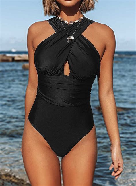 Womens High Neck Criss Cross Ruched One Piece Swimsuit Cut Out Solid Padded Monokini Bathing Suit