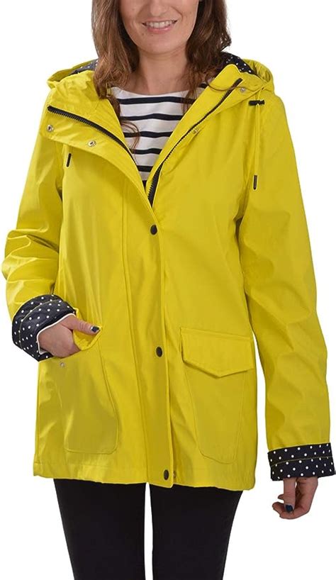 Womens Bright Yellow Waterproof Rain Jacket With Hood Navy Spot Lined