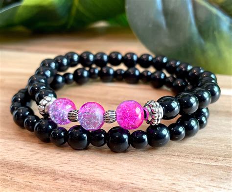 Bracelets for women beaded bracelet stacks with black and pink | Etsy