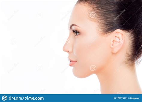 Side View Portrait Of Attractive Woman S Face On White Background Stock