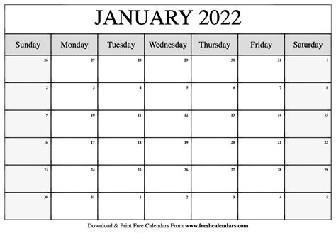 Blank Printable January 2022 Calendars