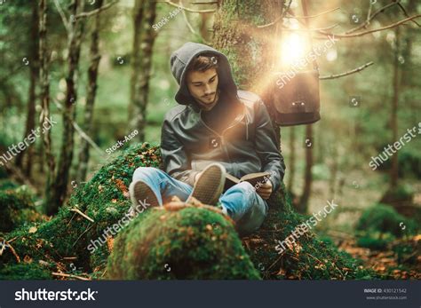 Man Reading Nature Relaxing Outdoors Freedom Stock Photo